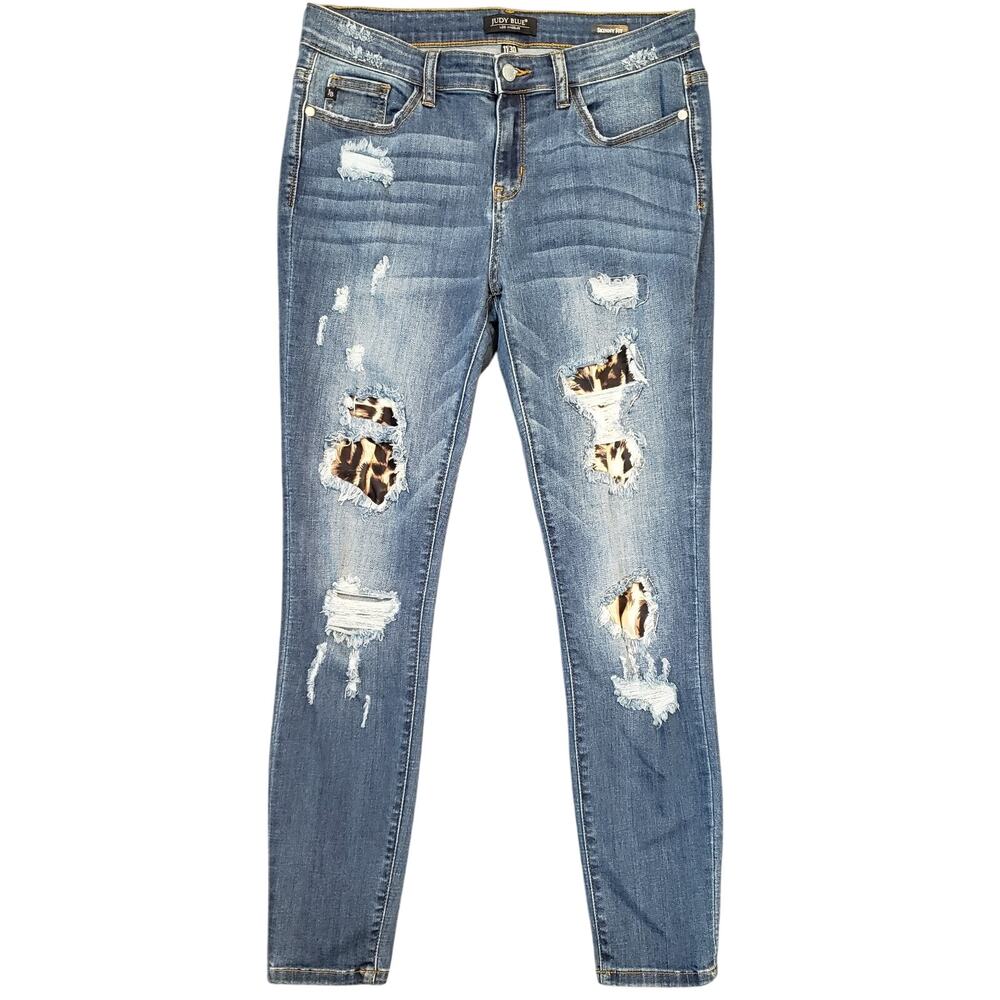 Judy Blue Jeans Women Sz 30 Skinny Leopard Cheetah Print Ripped Stretchy Denim